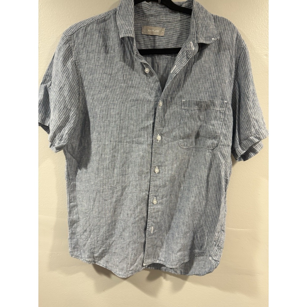 Everlane Sz S Men's Linen Button Down Shirt Blue/white Short Sleeve